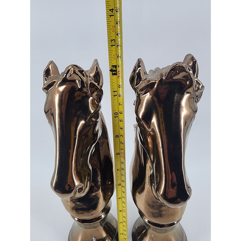 Vintage Bronze Metallic Ceramic Horse Head Bust Statues Pair Chess Knight Style - Picture 4 of 4